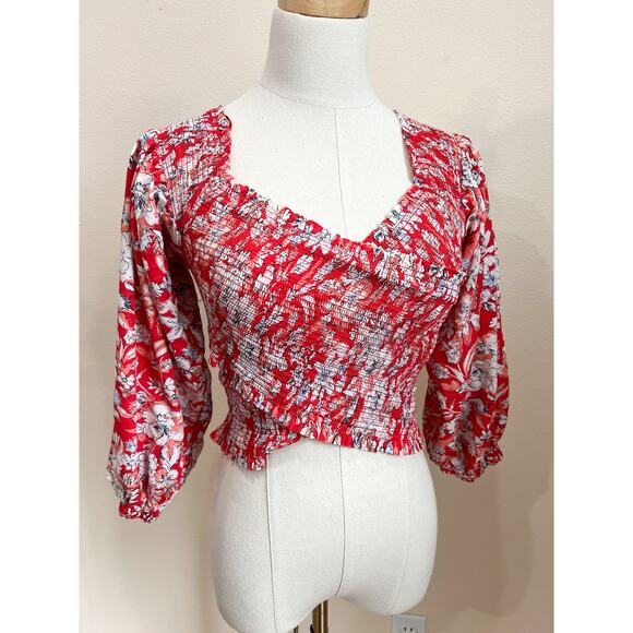 Free People East West Smocked Red Criss Cross Top Small Red Floral Bell Sleeve - Picture 2 of 8